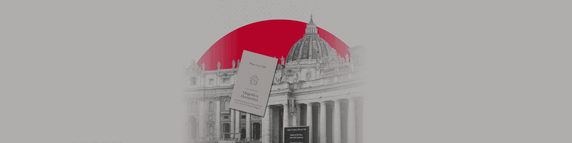 Domed building in grayscale with a red sun background and a white ticket foreground.