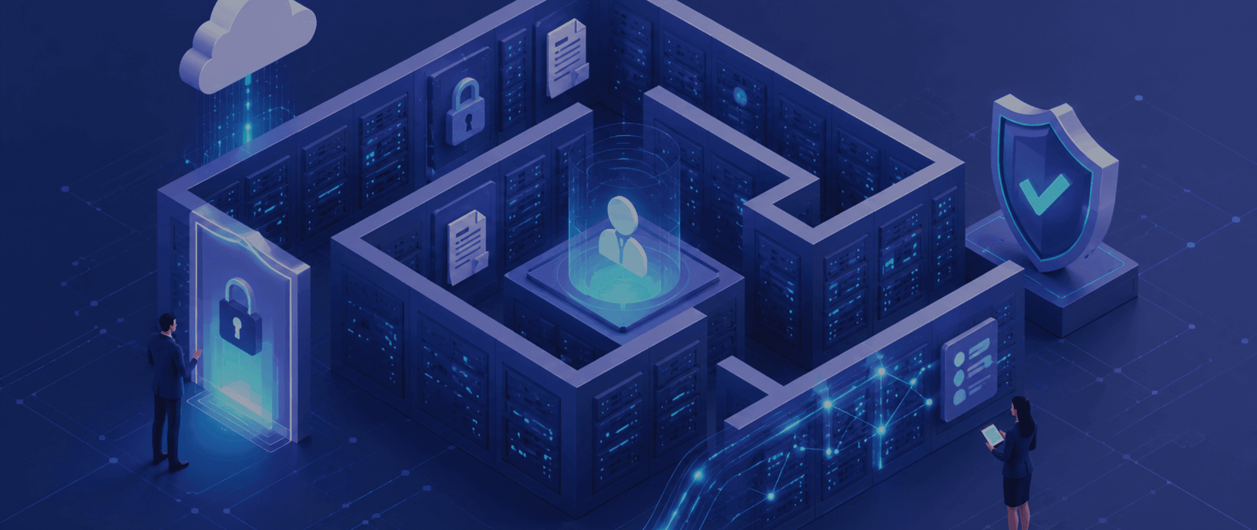 A data security maze protecting user data, monitored by staff, with cloud connectivity.