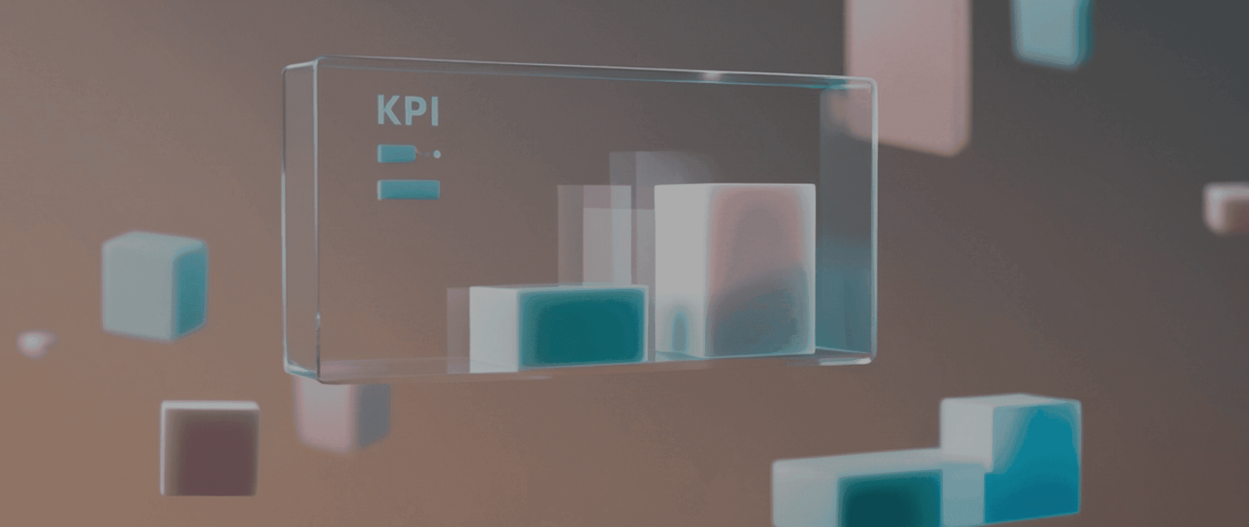 Holographic KPI bar chart displayed on a transparent screen with abstract 3D blocks.