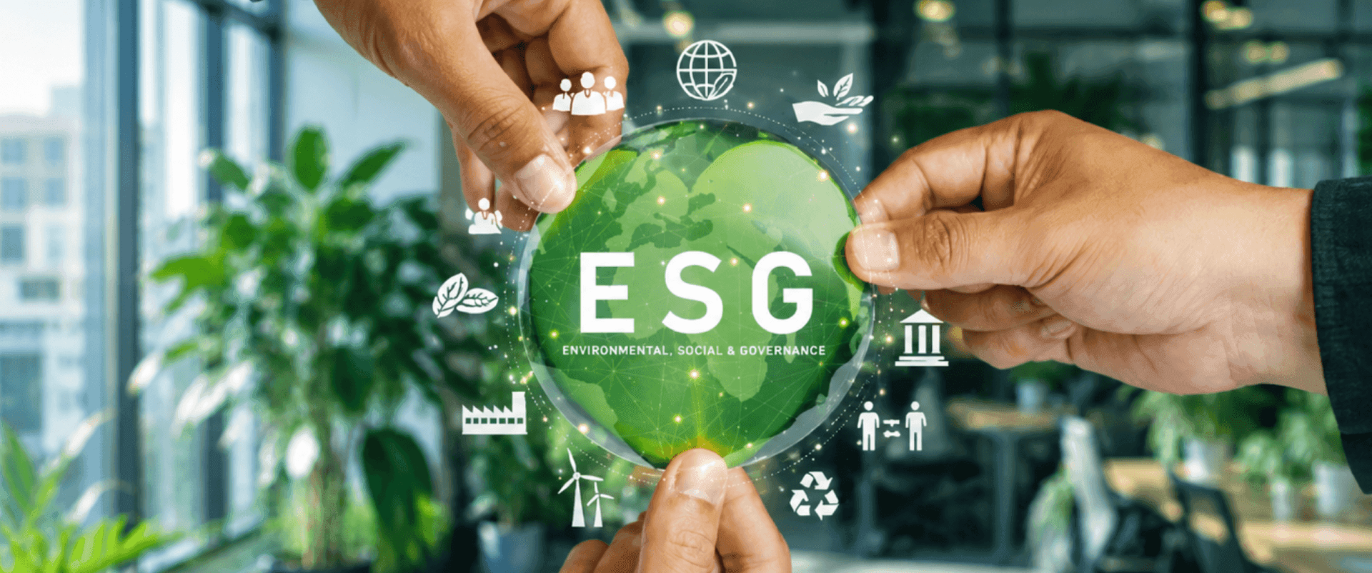People's hands cradle a green leaf with "ESG" text in an office setting.