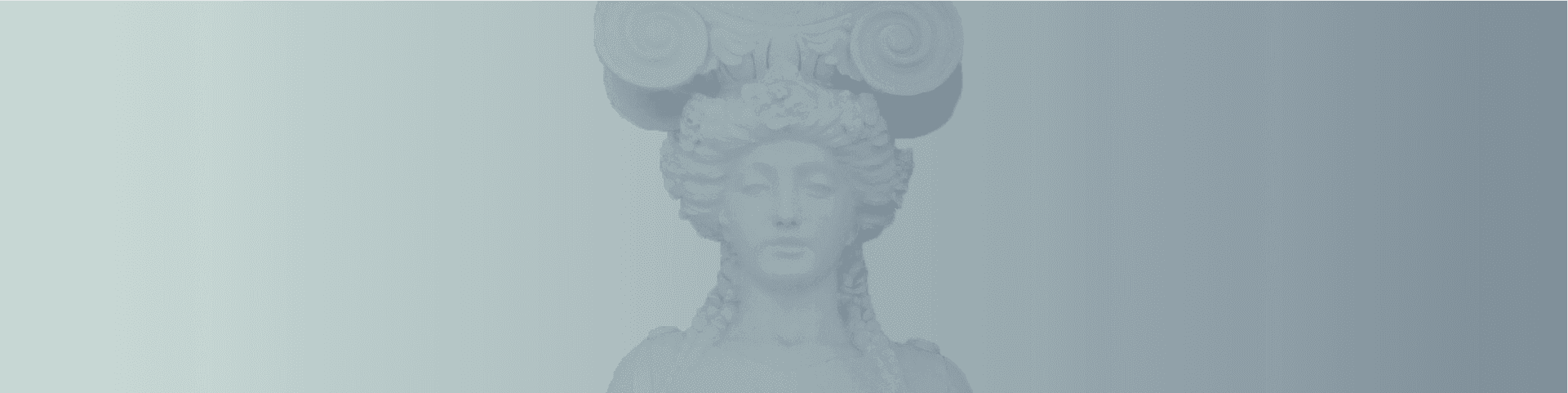 Faded white classical statue of a female with ornate volute headdress on a soft grey background.